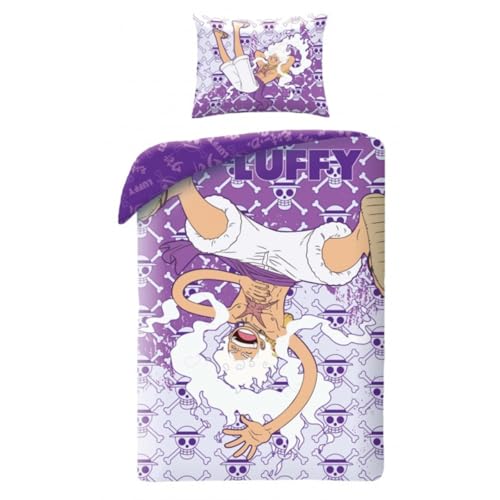 Halantex Bettwäsche-Set One Piece Monkey D. Luffy Gear 5, Wendbar, Bettbezug 140 x 200 cm + Kissenbezug 70 x 90 cm, 100 % Polyester, mehrfarbig