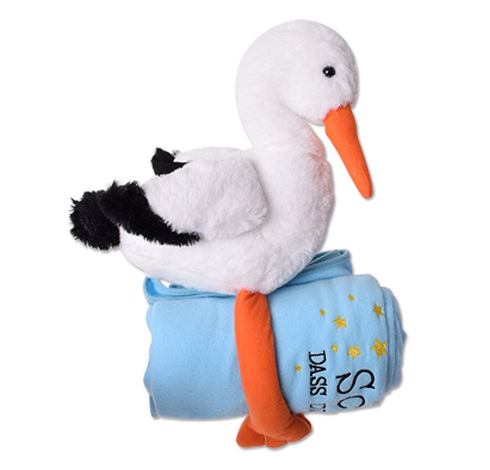 TE-Trend Kuscheltier Storch 38cm blau mit weicher Decke 100x80cm, Bestickt mit: „Schön das du da bist“
