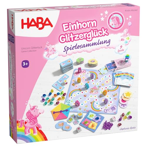 HABA Einhorn Glitzerglück, Spielesammlung mit 9 abwechslungsreichen Spielen für 2–4 Kinder, einfache Regeln, fördert Kreativität und Konzentration