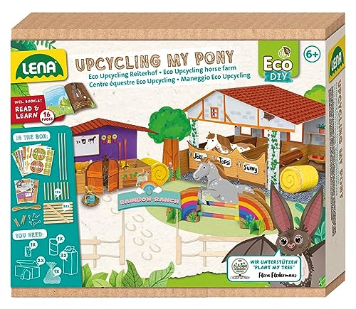 LENA 42836 Eco Upcycling Bastelset My Pony, Set zur Nutzung recycelter Verpackungen zum Basteln eines Reiterhofes, Kreativset für Kinder ab 6 Jahren