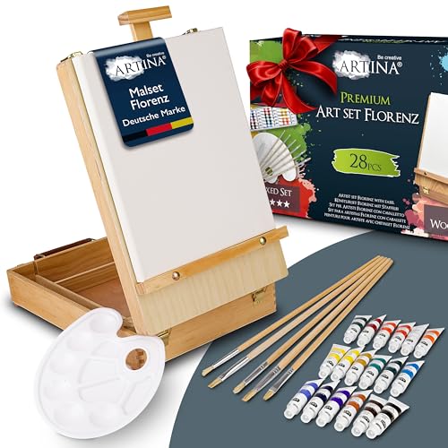 Artina 28tlg Malset Florenz im Malkoffer, Acrylfarben Set mit 18x 12ml Farben, Kofferstaffelei und Zubehör, für Einsteiger & Hobbykünstler