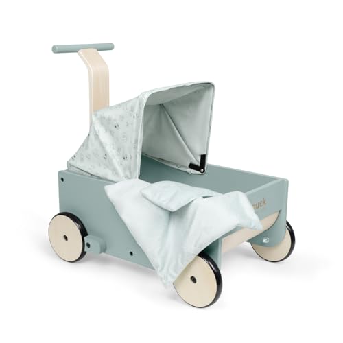 Hauck Learn to Walk Dolls 2in1 Puppenwagen & Lauflernwagen aus Holz mit Höhenverstellbarem Griff, Bremssystem und Gummierten Holzrädern für Kinder ab 12 Monaten, inklusive Bettzeug und Klappbarem Verdeck