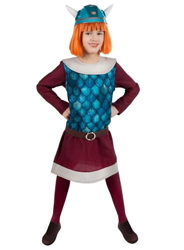 Maskworld Wickie der schlaue Wikinger-Junge - Kinder-Kostüm 4-teilig (110-116) - Original lizenziertes vierteiliges Kostüm für Kinder, lilafarbene Langarm-Tunika und blauer Kurzarm-Überwurf