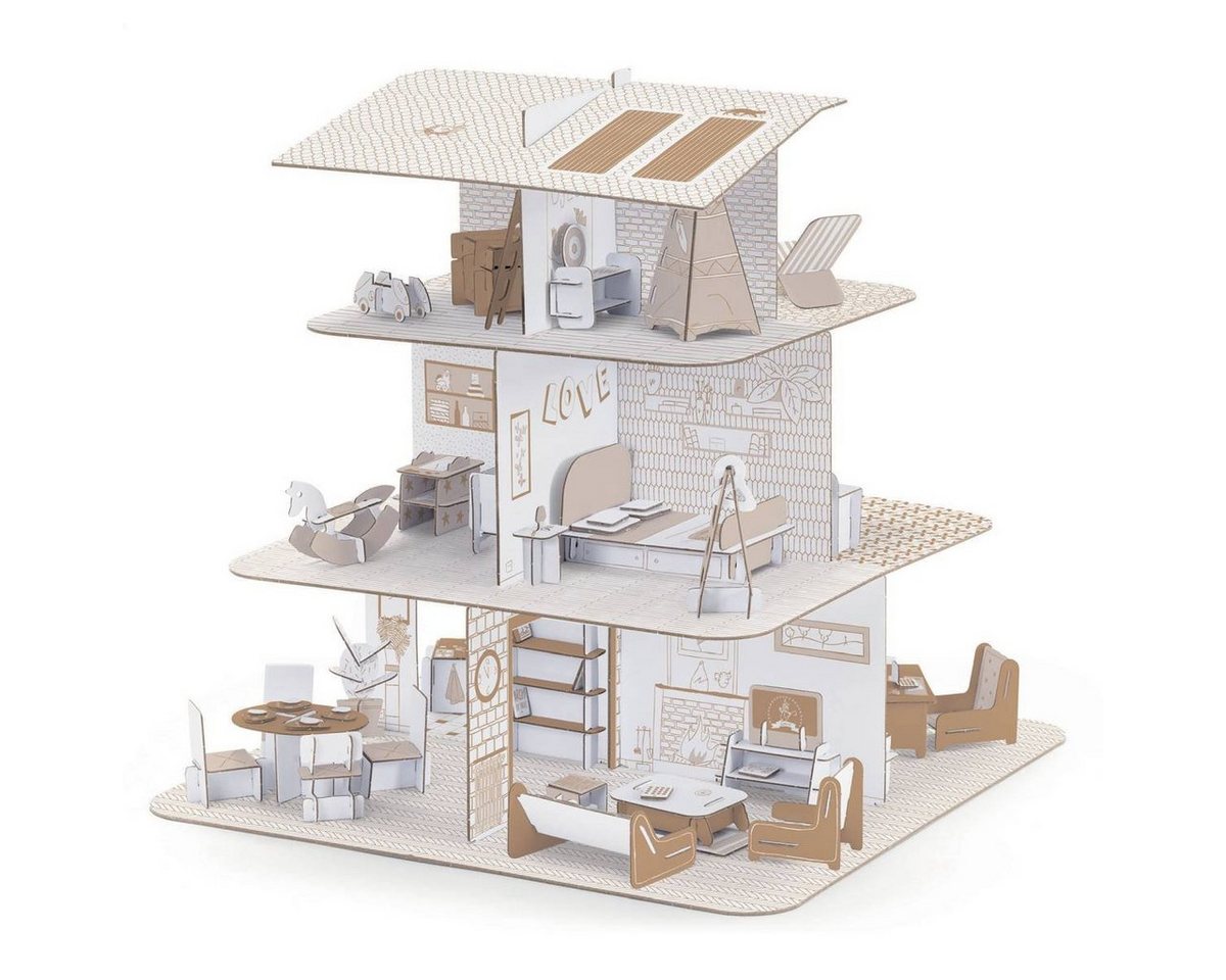 DJECO Puppenhaus Malen und Stecken, Kreativset zum Selbstbau mit 288 Möbelstücken, FSC-zertifiziert, 36 x 36 x 36 cm