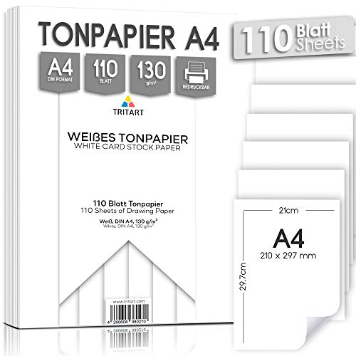 Tritart - Tonpapier Weiß A4 130g /m² I 110 Blatt festes Bastelpapier HOCHWERTIG I stabiles kreativ Zeichenpapier zum Basteln und Malen I Fester Zeichenkarton I DIY Tonzeichenpapier Weiß