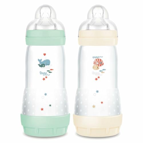 MAM Easy Start Anti-Colic Babyflasche, 2er Set, 320 ml, schneller Durchfluss, mint + Baumwolle, reduziert Koliken, selbststerilisierbar