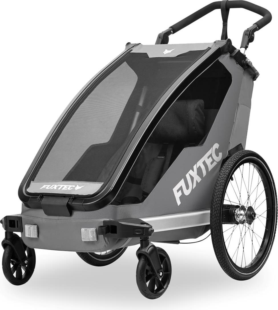 FUXTEC Fahrradanhänger FX-FA1S, faltbarer Einsitzer mit Schiebegriff, Kupplung, Regenschutz, Sicherheitsfahne, 5-Punkt-Gurt, max. Zuladung 35kg, Grau