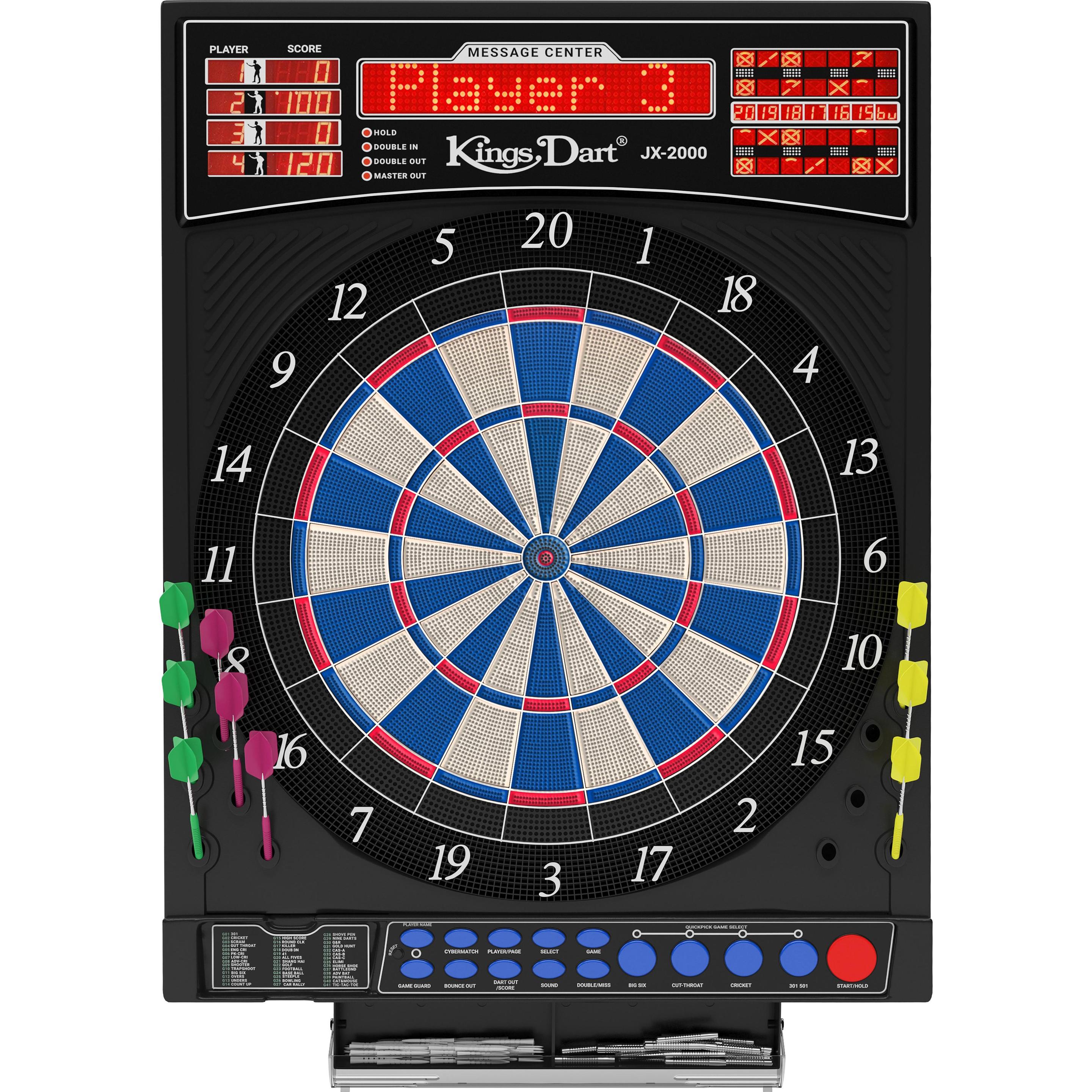 Kings Dart Elektronische Dartscheibe Profi Turnier 1.0, offizielle Turniergröße mit 8 Displays, Catchring und 24 Softdarts, Blau-Beige