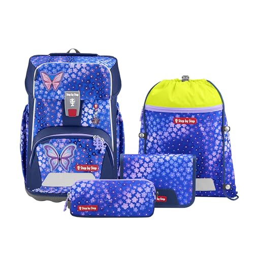 Step by Step Giant Schulranzen-Set „Butterfly Maja“, 5-teilig, ergonomischer Tornister, höhenverstellbar, mit Reflektoren, blau-rosa, 23 Liter für Mädchen ab der 1. Klasse
