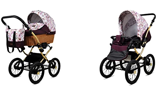 Babylux ALU 2in1 Kinderwagen für Kleinkinder - Maroon Flowers Gold Frame, Max. 15kg, verstellbar, Sicherheitsgurte, faltbar, mit Zubehör