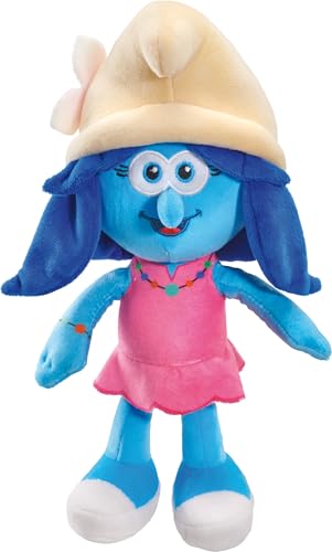 Schmidt Spiele Plüschfigur Schlumpfblüte, 27 cm großes Plüsch Stofftier aus Die Schlümpfe, waschbar, rosa Kleidchen und gelber Hut mit Blume