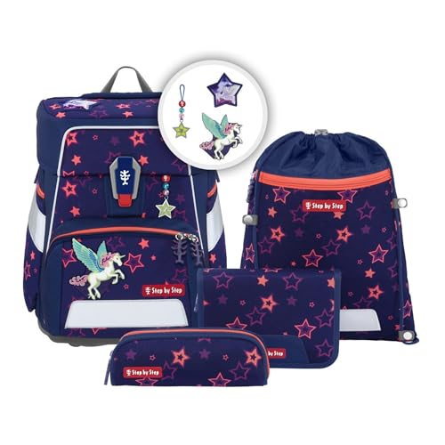 Step by Step Schulranzen-Set Space Shine „Pegasus Night Nuala“ 5-teilig, ergonomischer Tornister mit Reflektoren, höhenverstellbar mit Hüftgurt, Grundschule, 1. Klasse, 20L, lila-rosa