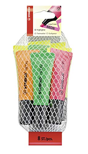STABILO NEON Textmarker, 8er Pack mit 4 x gelb, 2 x grün, 1 x orange, 1 x pink, Anti-Dry-Out Technologie, 2 Strichstärken (2 + 5 mm)