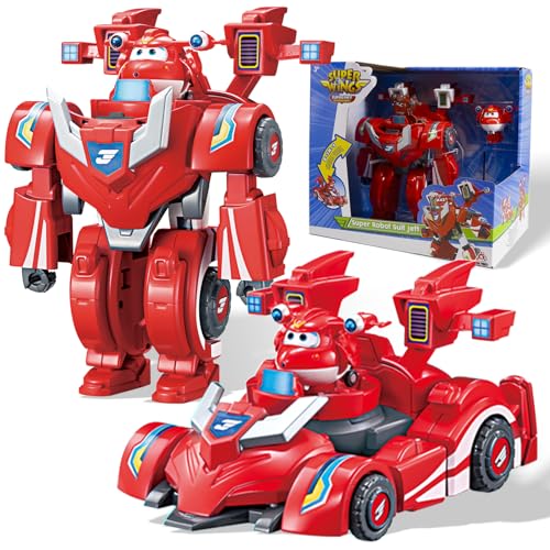 Super Wings Jett 2-in-1 Verwandlungsroboter, ca. 18 cm groß, verwandelt vom Roboter zum Auto, für Kinder ab 3 Jahren, Rot