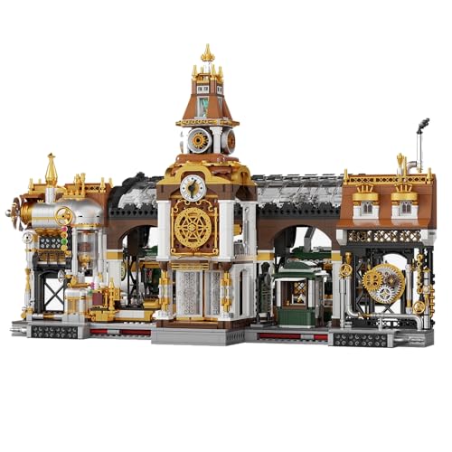 Pantasy Steampunk Series Railway Station, Klemmbausteine mit Hochbahn, Drucke ohne Sticker und Metallic Gold Teilen