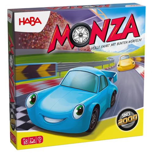 HABA Monza, Rasantes Brettspiel und Auto-Rennspiel für Kinder ab 5 Jahren, mit 6 bunten Holzautos und Farbwürfeln