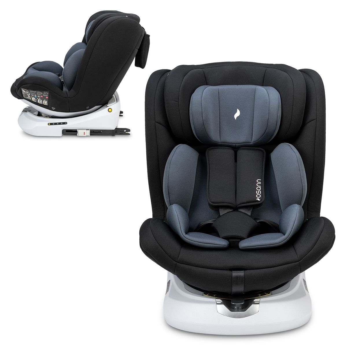 Osann Reboarder-Kindersitz Four360 S i-Size 360° drehbar mit Isofix-Basis & Top-Tether - Nero, für Kinder von Geburt bis 12 Jahre (40 cm - 150 cm)