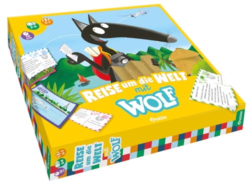 AUZOU Reise um die Welt mit Wolf, Brettspiel ab 5 Jahren, Familienspiel für 2-6 Spieler mit Wolf-Metallfigur und Postkartenversand