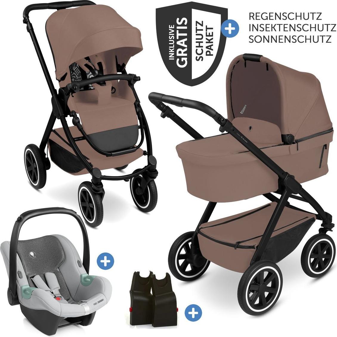 ABC Design Samba 2 3in1 Kinderwagen-Set, inkl. Babywanne und Babyschale Tulip, Dark Beige, mit UV-Schutz, Quick-Fold-Funktion und magnetischem Gurtsystem