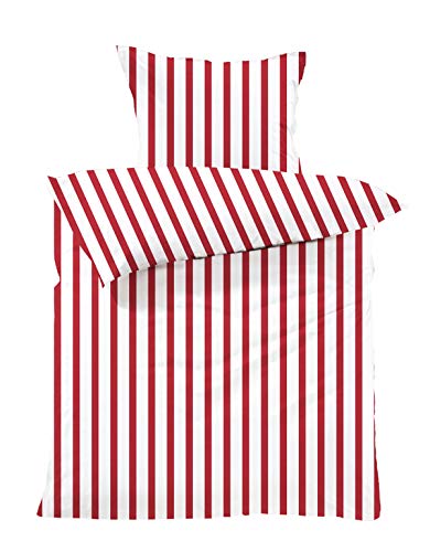 Lavea Bettwäsche Set - Viola 135 x 200cm + 80 x 80cm. Design: Breite Streifen - Farbe: Rot 100% Baumwolle. Hochwertig mit Reißverschluss. GOTS/Bio Zertifiziert.