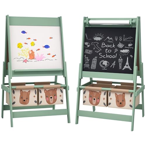 AIYAPLAY 3 in 1 Kinder Staffelei, Doppelseitig mit Tafel und Whiteboard, Grün, 54 x 46,5 x 93 cm, inkl. Aufbewahrungskörben für Kunstutensilien