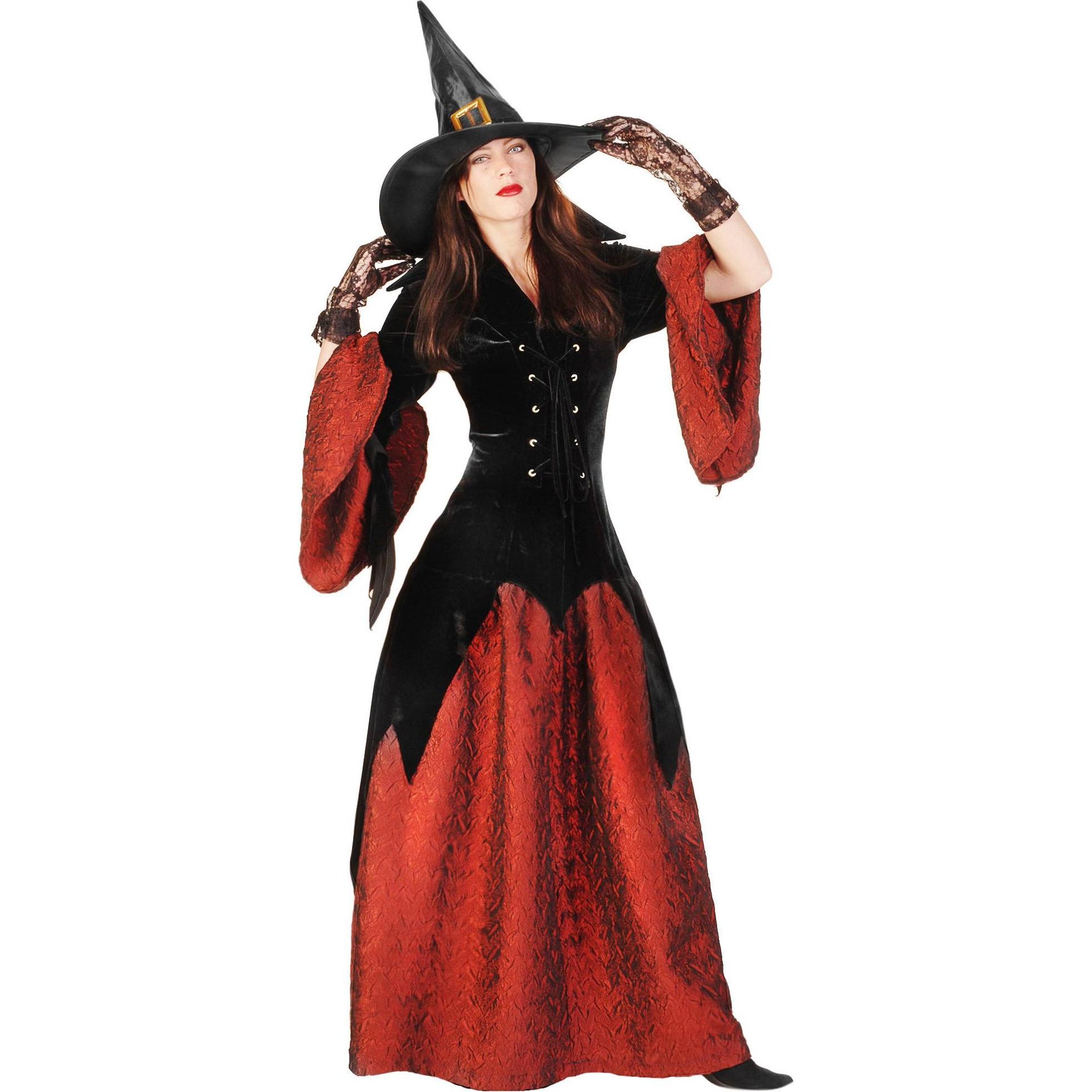 Thetru Klassische Hexe (M), elegantes Hexenkostüm in metallischem Weinrot und tiefschwarzem Samt, einteilig ohne Hut