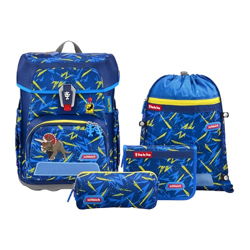 Step by Step Schulranzen-Set Cloud schleich® Dinosaurs Triceratops, 5-teilig, ergonomischer Tornister mit Reflektoren, höhenverstellbar, blau-gelb, 19L