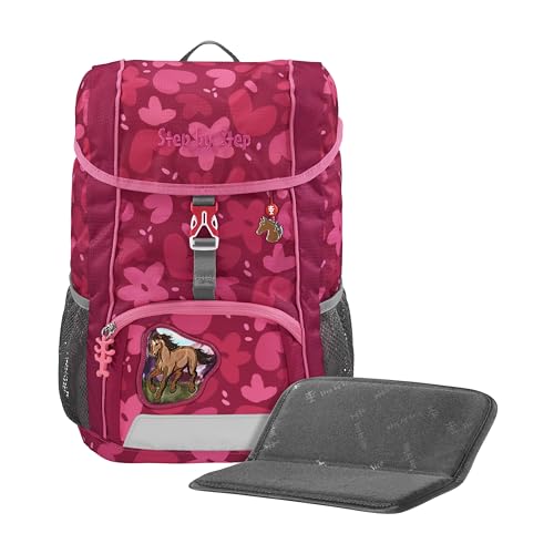 Step by Step Rucksack-Set Kid „Wild Horse Nora“, ergonomischer Mini-Ranzen in rosa-rot mit Sitzkissen und höhenverstellbarem Brustgurt, für Kindergarten und Freizeit, 13 l