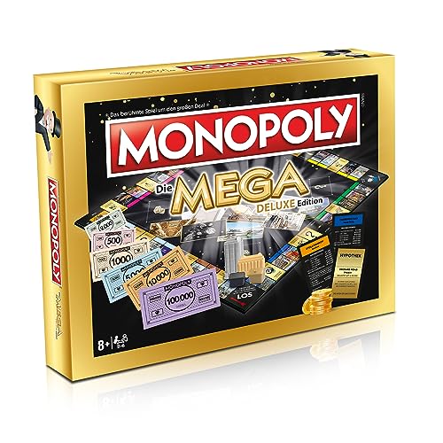 Winning Moves Monopoly - Mega Deluxe Edition Luxus Brettspiel mit 12 zusätzlichen Spielfeldern, 250.000 M Startkapital, Silbernen Wolkenkratzern und Tempowürfel, für 2-6 Spieler, deutsch