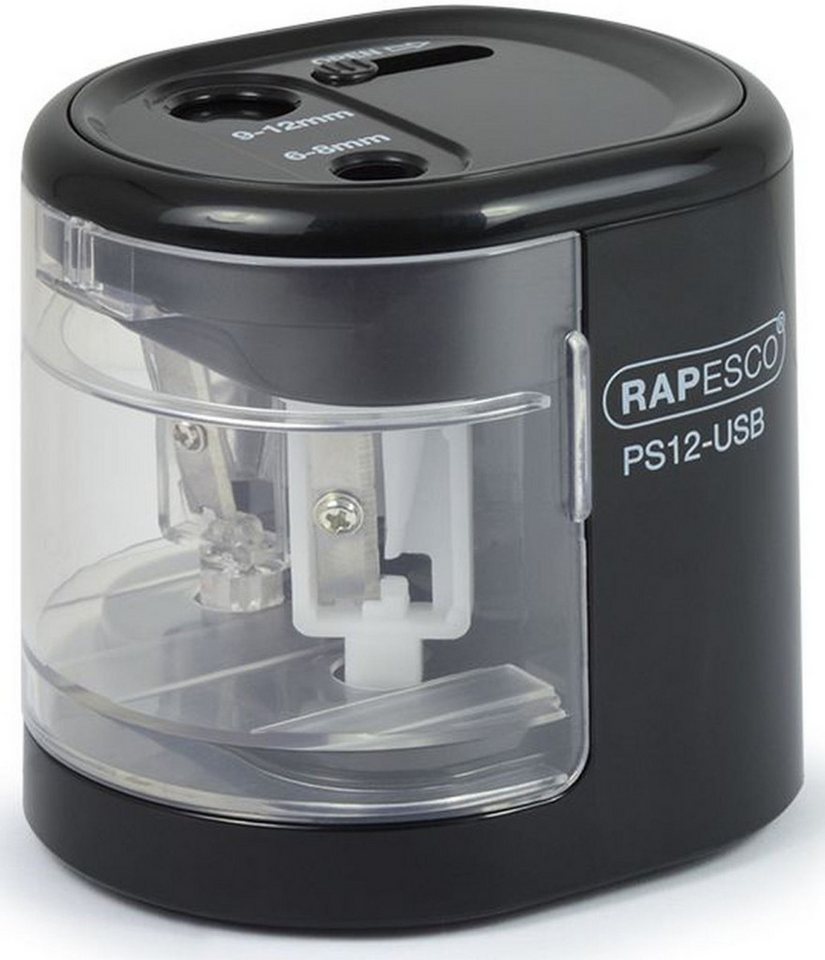 RAPESCO PS12-USB, Elektrischer Anspitzer mit Doppel-Loch Design, schwarz, für Stifte 6-12mm, USB- und Batteriebetrieb, inkl. Ersatzklingen und Auto-Stopp-Funktion