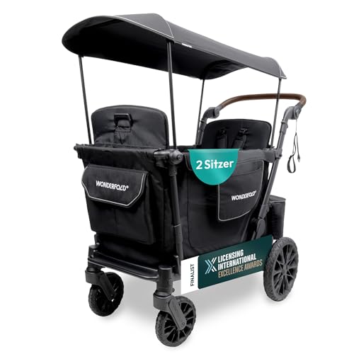 Wonderfold L2 Kombikinderwagen für 2 Kinder, kompakter Bollerwagen mit seitlicher Tür, flexible Sitzbänke, 360°-Räder und Klappmechanismus, schwarz