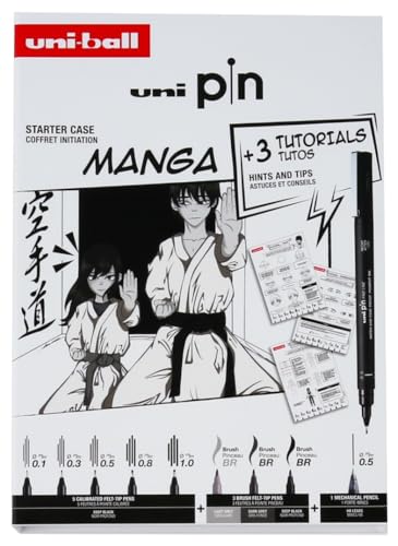 Uni-ball uni pin MANGA Edition, 9er Koffer mit 5 Finelinern und 3 Pinselspitzen, wasser- und lichtbeständige Tinte