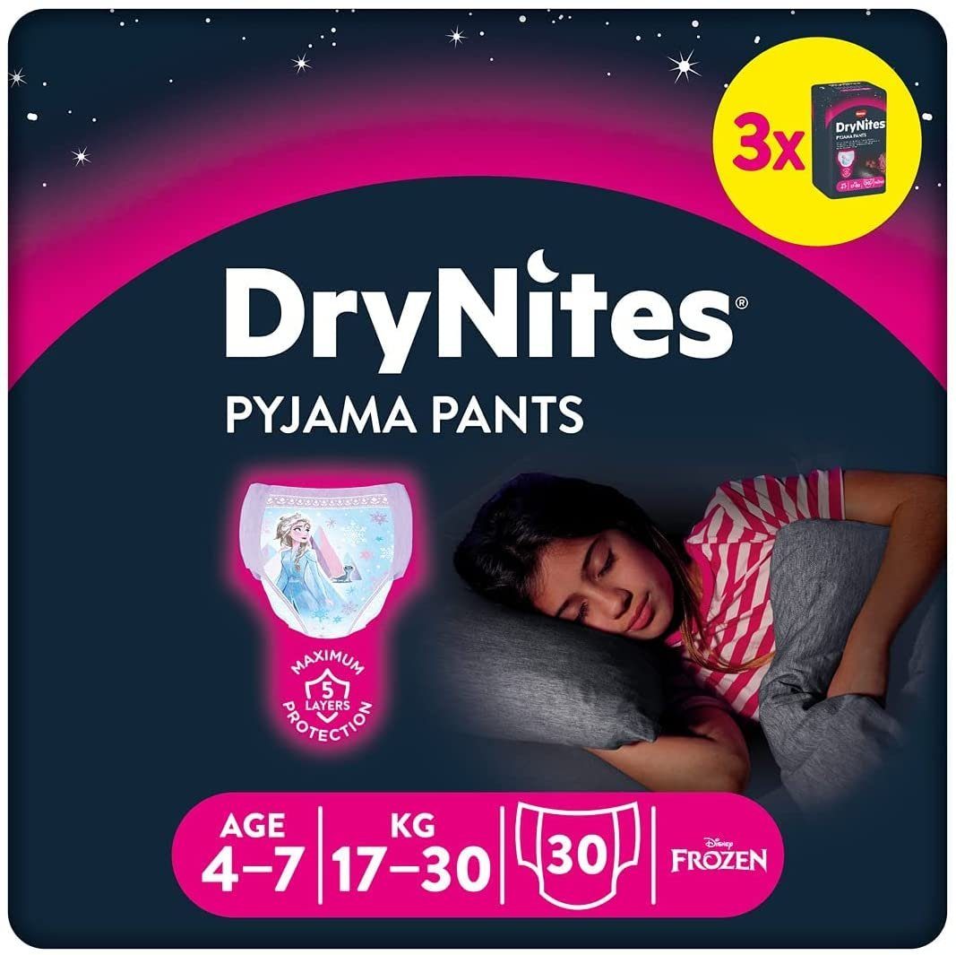 HUGGIES DryNites Nacht-Windeln Mädchen 4-7 J. (17-30kg), 30 Stk - Disney Designs, speziell für Mädchen geeignet