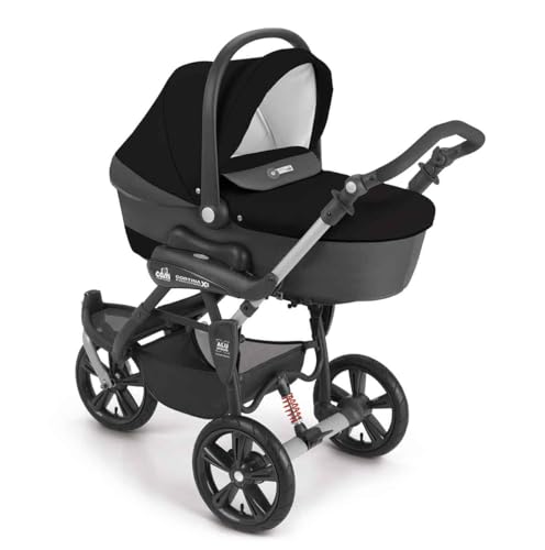 CAM Cortina X3 tris 3-in-1 Kombi-Kinderwagen, inkl. Babyschale, Fußsack & Wickeltasche, Schwarz, kompakt und leicht (9,3 kg)