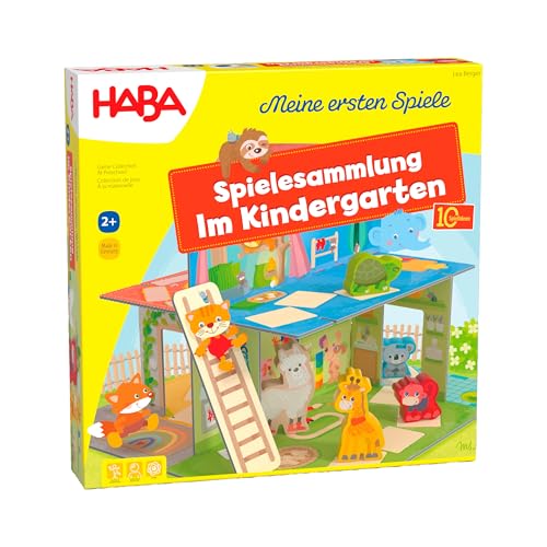 HABA Im Kindergarten Spielesammlung, 10 Spielideen im 3D-Spielhaus mit 5 Holzfiguren, ab 2 Jahren
