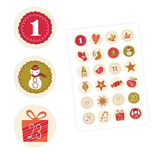 nikima Schönes für Kinder 24 Adventskalender Zahlen Aufkleber BEIGE Retro - rund 4 cm Ø - Sticker Weihnachten zum basteln dekorieren DIY