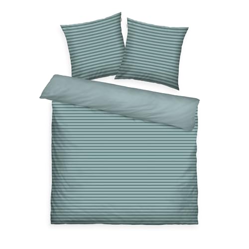 TOM TAILOR Renforcé-Bettwäsche, MEDIUM STRIPES, 100% Baumwolle, 2x80x80 + 200x220 cm, Wendemotiv, Türkis (Fresh Sage, Smokey Sage), OEKO TEX MADE IN GREEN