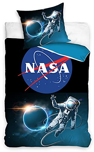 BERONAGE NASA Bettwäsche Astronaut 135 x 200 cm + 80 x 80 cm 100% Baumwolle Renforcé-Linon-Qualität mit Reißverschluss, Weltraum Design, Blau