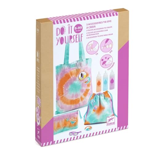 DJECO Do It Yourself Batik Set, Kreatives Bastelset mit 3 Baumwollstücken und waschfesten Farben für Kinder ab 8 Jahren