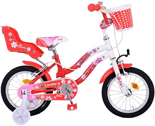 Volare Kinderfahrrad Lovely 14 Zoll für Mädchen, Rot/Weiß, mit Handbremsen, Puppensitz und Stützrädern