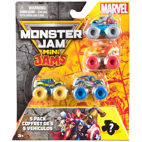 Monster Jam, Marvel Mini-5er-Pack mit Mystery-Sammel-Monster-Truck, Maßstab 1:87, Spielzeug für Jungen und Mädchen ab 3 Jahren