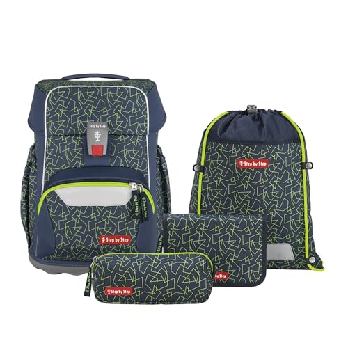 Step by Step Basis Schulranzen-Set „Green Geometrics“, 4-teilig, ergonomischer Tornister mit Reflektoren und Hüft- sowie Brustgurt, für Kinder ab der 1. Klasse, 20 Liter, grün