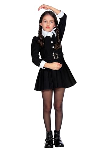 Wilbers & Wilbers 3937 - Kinderkostüm Kleid Friday, schwarzes Halloween Kleid für Kinder mit weißen Manschetten und elegantem Faltenrock