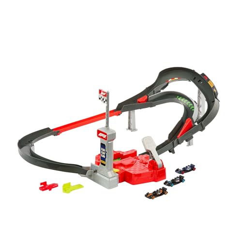 Hot Wheels Racing Starter Trackset, Formel 1 Rennstrecke mit 3 Die-Cast-Autos im Maßstab 1:64, Turbostarter und unendlicher Modus