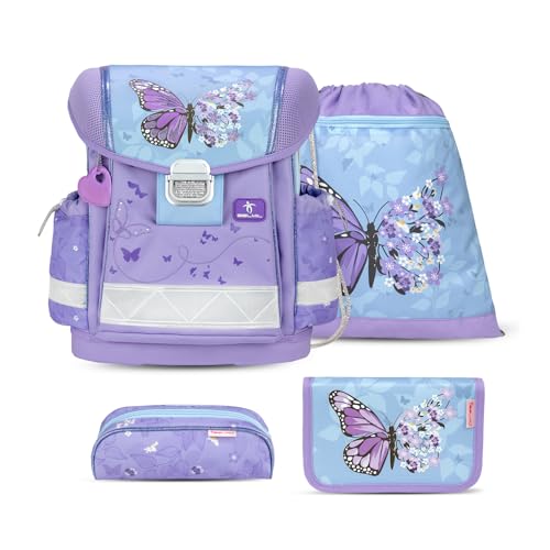 Belmil Classy Schulranzen Set 4-teilig (403-13/AG/S), ergonomisch, wasserdicht, Gewicht 930-990 g, Purple Blue Butterfly