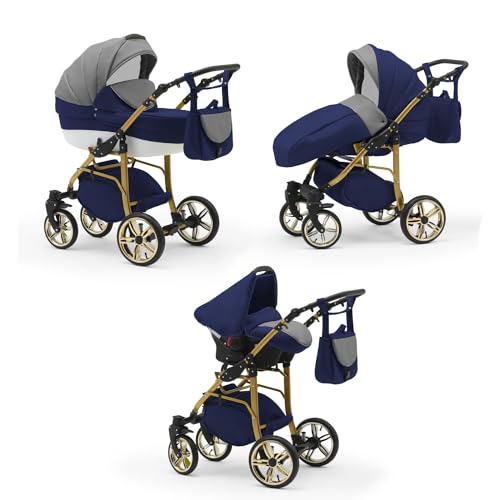 Elcar Kinderwagen-Set 4 in 1 Neo Gold inkl. Sportsitz und Autositz - 16 Teile - Federungen und Luftbereifung - in 22 Farben
