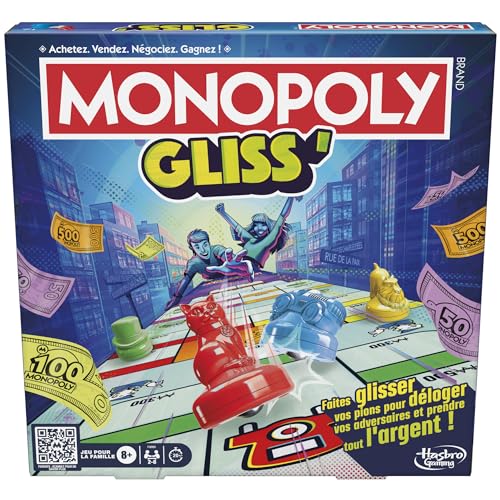 Monopoly Gliss', schnelles Brettspiel für 2-8 Spieler ab 8 Jahren, aktives Familiengesellschaftsspiel mit 16 Spielsteinen in 4 Farben, über 90 cm Spielbrett