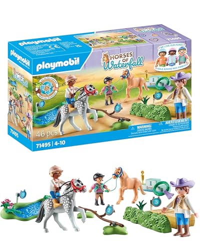 PLAYMOBIL 71495 Ponyturnier Spielset, mehrfarbig, mit Turnierplatz und verschiedenen Hindernissen aus recycelten Materialien