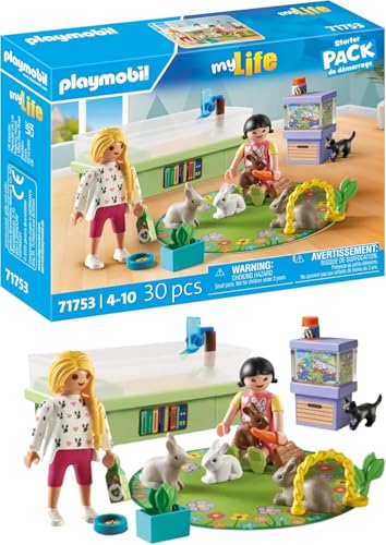 PLAYMOBIL 71753 - Familie mit Hasen - Playmobil my Life, Spielset mit Garten, Tiergehege und Nachbarn