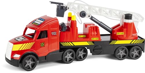 Wader Magic Truck Action Feuerwehr, 79 cm großes Spielzeugauto mit ausziehbarer Leiter, Wasserpumpe und Schlauch, kindersicher und langlebig
